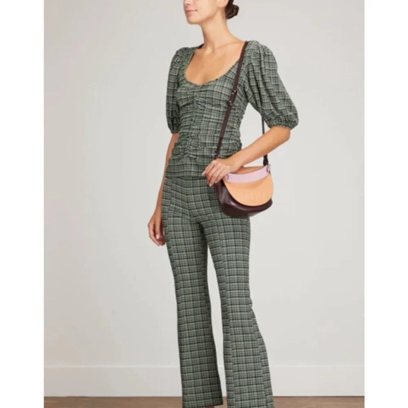NWT Ganni 36/Small Stretch Seersucker Top in Mini Check Green Bay Puff Sleeve - Picture 1 of 16